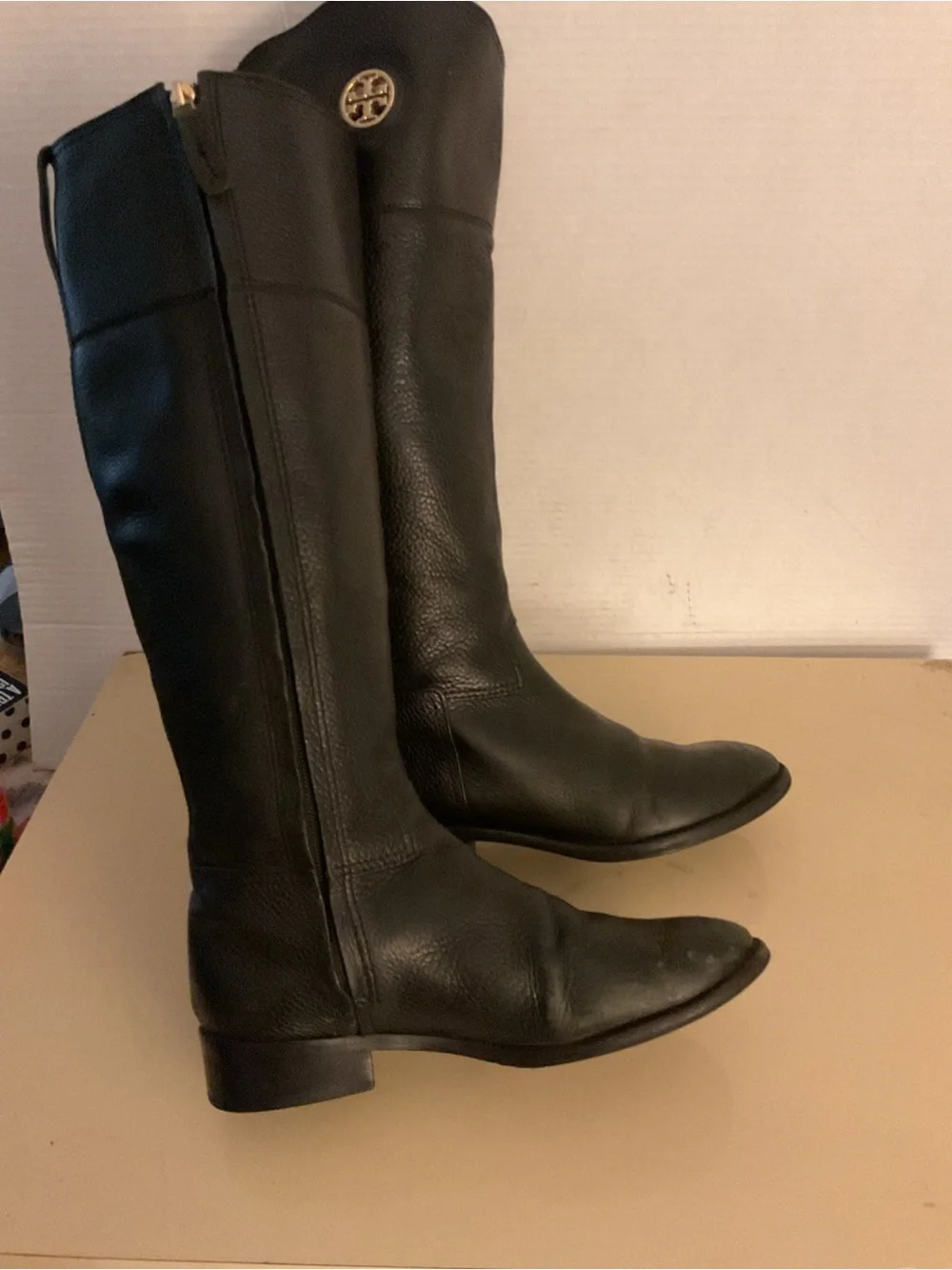 Tory Burch women Black Leather Knee-High Riding Boots with Gold Logo boots US 7